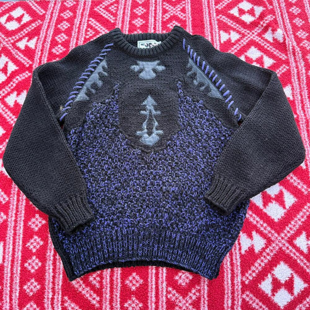 Vintage 80s Forum Chunky Knit Sweater L Gray Leather Purple Whipstitch Large